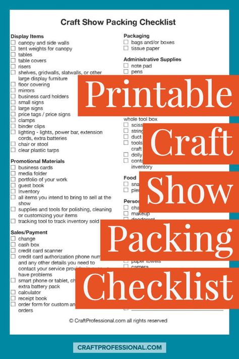 Printable craft show packing checklist. Better organization for handmade business owners - don't forget anything when you go to your next craft fair with this printable packing list. Craft Fair Vendor, Craft Fair Table, Craft Fair Booth Display, Printable Packing List, Craft Show Booths, Craft Fairs Booth, Craft Booth Displays, Bazaar Crafts, Craft Fair Displays