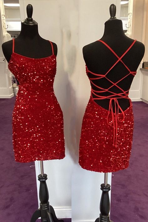 Spaghetti Straps Red Sequin Fitted Homecoming Dress Red Sparkle Dress Hoco, Red Glitter Dress Short, Red Homecoming Dresses Tight, Gala Dresses Short, Red Hoco Dress Short, Dress Back Open, Fitted Homecoming Dress, Valentine Dance, Red Hoco Dresses