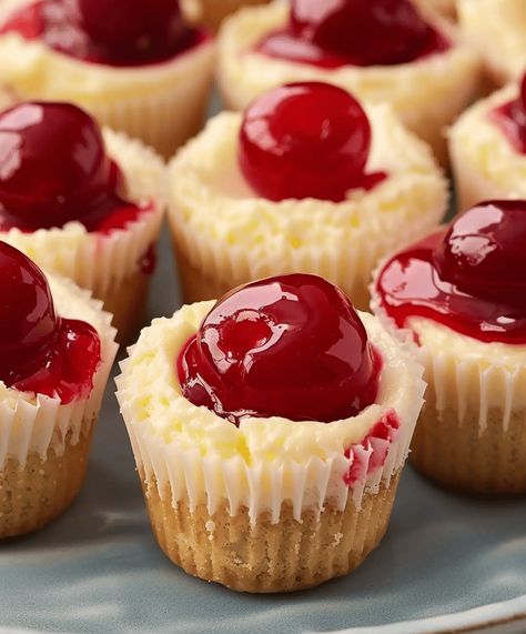 Delicious Mini Cheesecakes With Cherry Topping Hors Dourves, Mini Cherry Cheesecakes, Cherry Cheesecake Recipe, Mini Cheesecakes Easy, Cherry Topping, Canning Cherry Pie Filling, Baked Donut Recipes, Mini Cheesecake Recipes, Salted Caramel Cheesecake