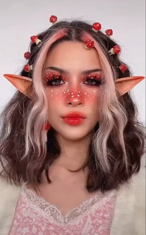 Nature Elf Makeup, Elf Fairy Cosplay, Mushroom Elf Makeup, Mushroom Makeup Tutorial, Toadstool Makeup, Farie Makeup, Mushroom Costume Makeup, Mushroom Elf Costume, Mushroom Elf Cosplay