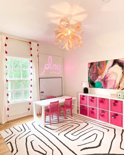 Playful Pink || Playroom Reveal — Shirin Askari Saltburn House, Girly Playroom, Pink Playroom, Desk Clear, Playroom Storage Ideas, Fun Playroom, Rainbow Playroom, Flamingo Vector, Restoration Hardware Baby