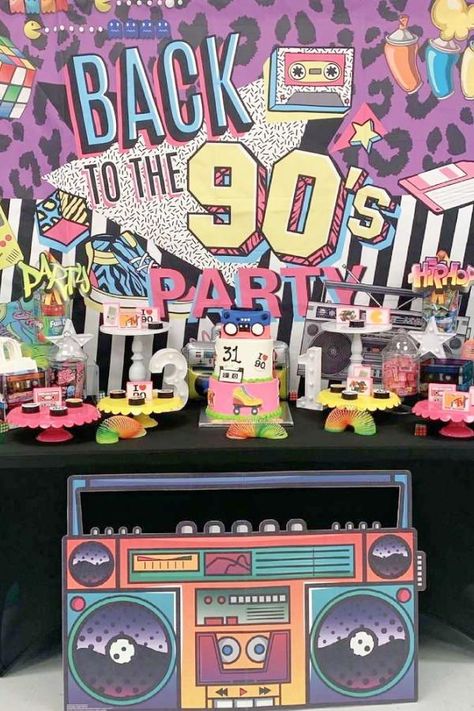 Don't miss this cool retro 90's birthday party! The cookies are so much fun! See more party ideas and share yours at CatchMyParty.com Retro 90s Birthday Party, 90s Aesthetic Decorations Party, 90 Decorations Party Ideas, Retro Decorations Party, Fashion Theme Party Ideas, Retro Theme Birthday Party, Retro Birthday Party Decorations, Retro Theme Decoration, 40s Birthday Party Theme