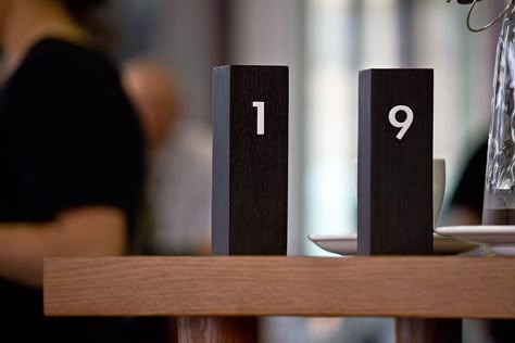 Table numbers - block of wood - stand alone Table Numbers For Restaurant, Cafe Table Number Ideas, Table Number Ideas Cafe, Cafe Table Numbers, Table Numbers Cafe, Restaurant Table Number Ideas, Table Numbers Restaurant, Tree House Cafe, Table Numbering