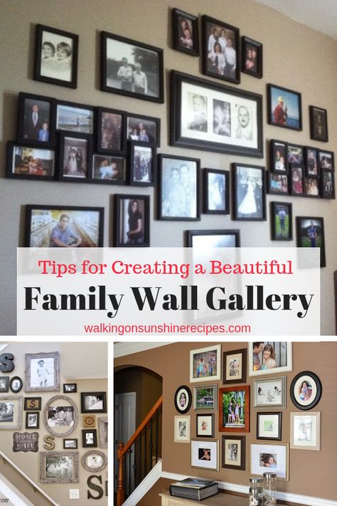 How to Create a Family Wall of Photos | Walking on Sunshine Recipes #diyhomedecor #familyphotos #gallerywall #galleryart Picture Wall Ideas Long Hallway, Family Photo Wall Mixed Frames, Organize Pictures On Wall, How To Create A Photo Gallery Wall, Modern Farmhouse Family Picture Wall Ideas, Placing Photos On Wall, How To Display Family Photos On Wall Hallways, How To Decorate With Family Pictures, Ways To Hang Photos On Wall