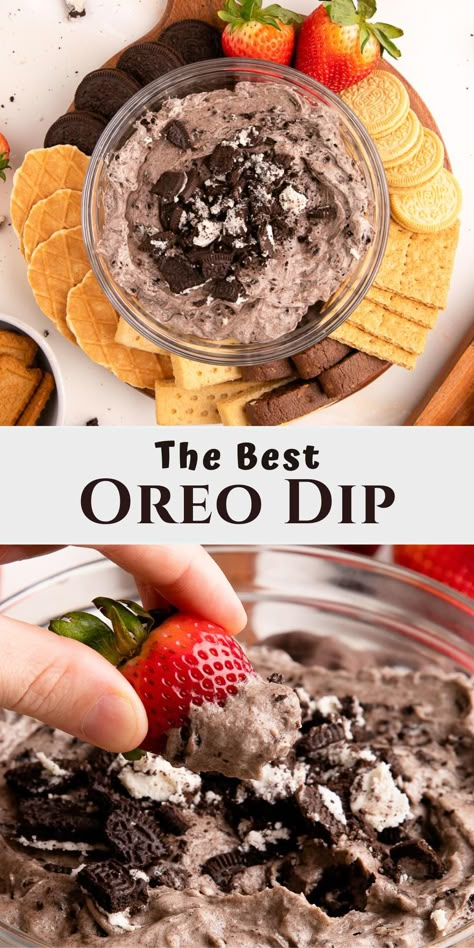 Oreo dip in bowl and with strawberry. Oreo Cookie Dip Recipes, Monster Cookie Dessert Dip, Oreo Fruit Dip, Chocolate Dips Recipe, Dessert Dips Gluten Free, Easy Oreo Dip, Keto Dessert Dip Recipes, Dip For Appetizers, Dip Food Recipes