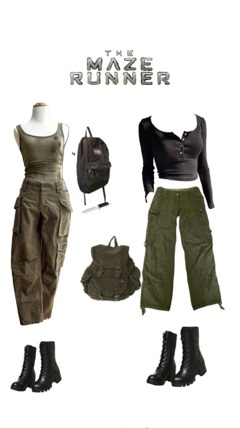 Outfit Ideas Zombie Apocalypse, The Maze Runner Inspired Outfits, Maze Runner Shifting Outfit, Dystopian Halloween Costume, Zombies Apocalypse Survival Outfit, Maze Runner Halloween Costume, End Of The World Aesthetic Outfit, Survivor Outfit Women, Maze Runner Girl Outfit