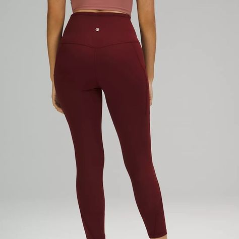 Lululemon Burgundy/Red Merlot leggings. Size 6. Great condition. Has pockets. Dark Red Lululemon Leggings, Lululemon Red Merlot, Maroon Lululemon Leggings Outfit, Red Merlot Lululemon Outfit, Red Lululemon Leggings, Red Lululemon, Bday List, 18th Bday, Maroon Leggings