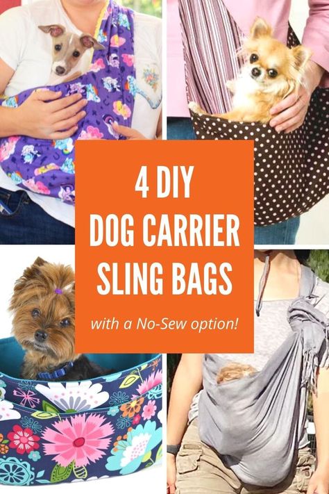 4 DIY Dog Carrier Sling Bag Patterns - plus 1 no-sew option! Diy Small Dog Carrier, Puppy Wrap Carrier, Small Dog Diy Projects, Diy Dog Sling Carrier Pattern, Diy Dog Carrying Sling, Dog Sling Sewing Pattern, Sling For Dogs, Diy Cat Carrier How To Make, Pet Carriers Diy Sewing Patterns