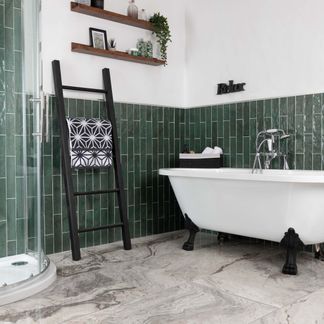 Colour Tile Bathroom, Green Shower Room Ideas, Green Tiled Bathrooms Ideas, Coloured Tiles Bathroom, Bathroom Ideas Green Tiles, Green Tiles In Bathroom, Forest Green Bathroom Ideas, Colourful Bathroom Tiles, Tiled Walk In Showers