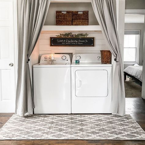 Laundry Room Curtains, Hidden Laundry Rooms, Laundry Closet Makeover, Laundry Room Inspo, Tiny Laundry, Laundry Doors, Laundry Room Rug, Laundry Nook, Tiny Laundry Rooms