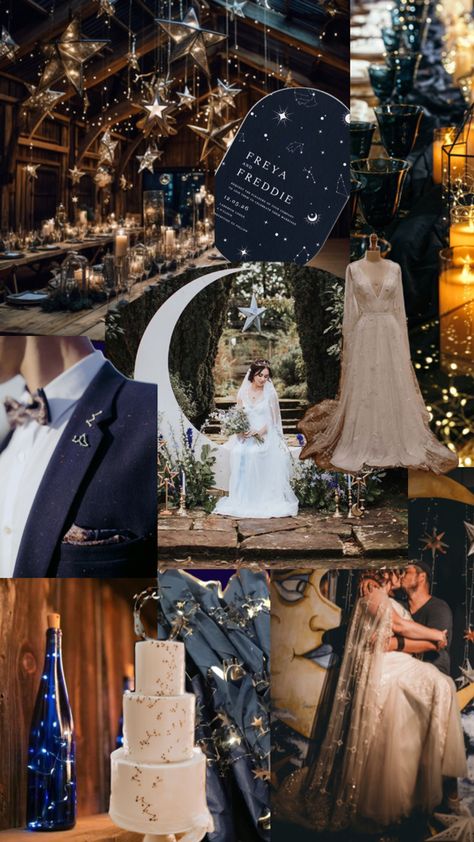 Star Night Wedding Theme, Whimsical Celestial Wedding, Velaris Themed Wedding, Under The Stars Wedding Decorations, Acotar Themed Wedding, Starry Night Wedding Decor, Moon And Stars Wedding Theme Receptions, Night Sky Themed Wedding, Celestial Wedding Aesthetic