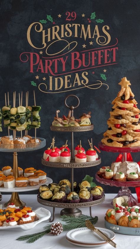 This image showcases an elegant Christmas party buffet featuring a variety of easy Christmas party food ideas. It includes tiered platters of appetizers like skewered veggies, festive bite-sized treats, and a Christmas tree-shaped bread arrangement. Perfect for Christmas brunch or food for a crowd! Christmas Eve Cocktail Party Food, Xmas Dinner Party Ideas, Red And Green Christmas Appetizers, Christmas Theme Brunch Ideas, Easy Christmas Eve Food Ideas, Small Christmas Party Food, Easy Xmas Party Food, Christmas Reception Food, Holiday Catering Ideas