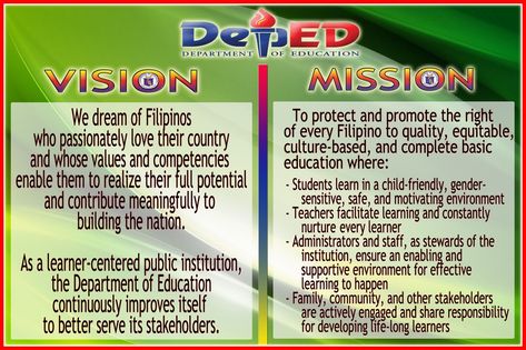 Deped mission & vision Deped Mission Vision, Deped Vision, Deped Mission, Classroom Bulletin Boards High School, Bulletin Boards High School, Grade 1 Reading Worksheets, Tarpaulin Layout, Teacher Classroom Posters, Classroom Bulletin Boards Elementary