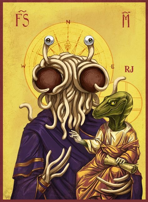 His Holy Noodleyness and Raptor Jesus /via reddit #awesome Spaghetti Monster, Flying Spaghetti Monster, Atheist Humor, Imaginary Friend, Art Plastique, Aliens, Madonna, Ramen, A Man