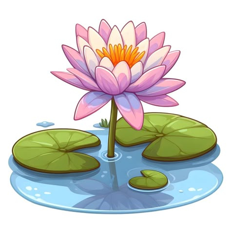 Lotus In Water Drawing, Cartoon Lotus Flower, Pond Flowers Drawing, Cartoon Lily Pads, Water Pond Drawing, Lotus Illustration Art, Lotus Drawing For Kids, Water Lily Illustration, Lotus Flower Png