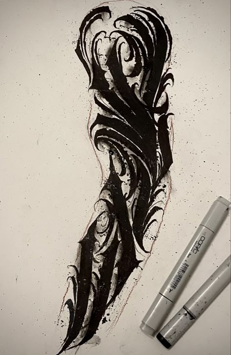 Sleeve Tattoos Dark Art, Powerful Tattoos Men Forearm, Abstract Calligraphy Tattoo, Dark Ornamental Tattoo Arm, Suminagashi Tattoo Design, Dark Ornamental Tattoo Design, Dark Abstract Tattoo, Dark Black Tattoos, Dark Calligraphy Tattoo