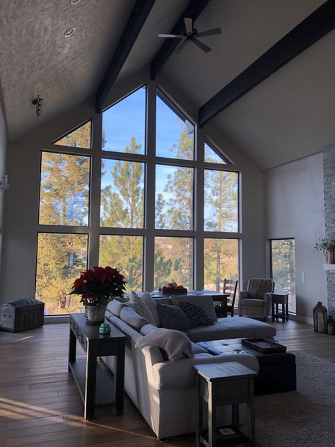 All Windows Living Room, Vaulted Window Wall, Barndominium Window Wall, Home With A Lot Of Windows, Large Wall Decor Living Room Vaulted Ceilings Big Windows, Living Room Ideas Big Windows, Full Window Wall Living Room, Huge Windows Living Room, Window Wall Living Room