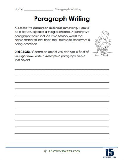 Paragraph Writing #15 Worksheet - 15 Worksheets.com Paragraph Writing Worksheets, Descriptive Paragraph, Paragraph Worksheets, English Assignment, Person Place Thing, Sensory Words, Maths Worksheets, Homeschool Education, Paragraph Writing