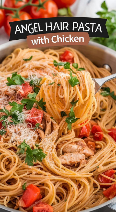 Light and delightful, this Angel Hair Pasta with Chicken is a must-try! With tender chicken and a light garlic sauce, it's a quick and easy dish that's perfect for busy weeknights! Angel Hair Pasta Dinner Recipes, Angel Hair Pasta And Chicken Recipes, Angel Hair Pasta Sauce, Angle Hair Pasta Recipe With Chicken, Chicken Angel Hair Pasta Recipes, Chicken And Angel Hair Pasta Recipes, Recipes With Angel Hair Pasta, Angle Hair Pasta Recipes, Angel Hair Chicken Pasta