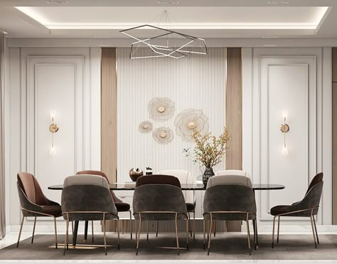 dining room design Dining Wall Panelling Design, Drawing Dining Room Interior Design, Reception And Dining Room Design, Wall Design For Dining Area, Dinning Wall Designs Luxury, Modern Classic Dining Area, Neo Classical Dining Room, Dinning Room Design Modern Interiors, Dining Area Design Modern Luxury