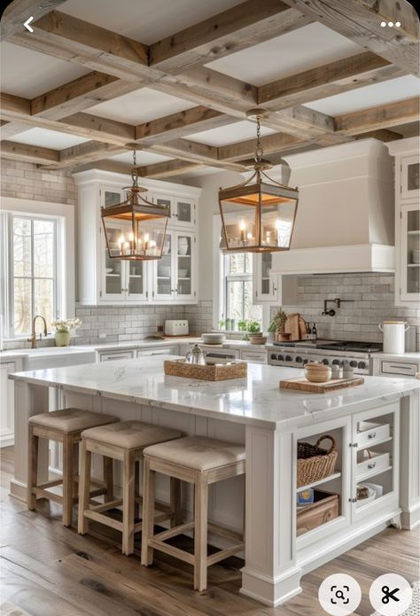 Rustic House Kitchen Ideas, Huge Wood Kitchen Island, Large Kitchen Island With Seating Rustic, Brown White Kitchen, Square Island Kitchen, Huge Kitchen Island With Seating Farmhouse, Kitchen Island With Seating For 6 Rustic, Large Rustic Kitchen Island With Seating, Kitchen Keeping Room