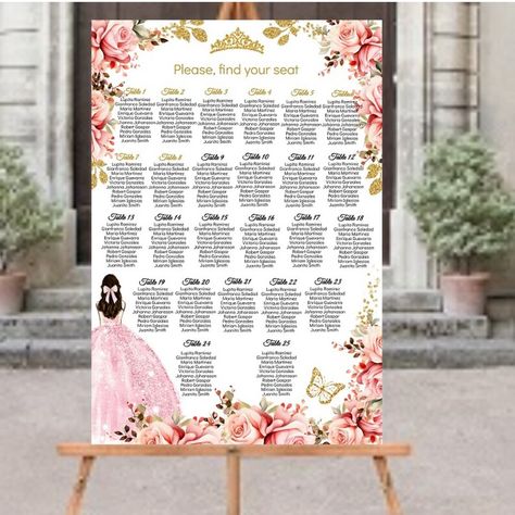 DIY EDITABLE Seating Chart Quinceañera Mis XV Quince Table - Etsy Romania Quince Seating Chart, Quinceanera Seating Chart, Quince Table, Cinderella Quinceanera, Rose Gold Quinceanera, Quince Decor, Find Your Seat Sign, Pink Quince, Find Your Seat