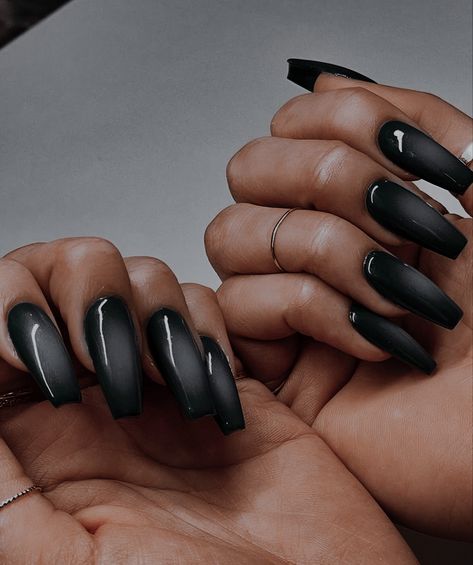 Long Black Chrome Nails, Dark Grey Acrylic Nails Design, Dark Colored Almond Nails, Short Dark Gray Nails, Dark Nails Black Women, Short Coffin Black French Tip Nails, Gray And Black Nails Ideas, All Black Everything Aesthetic, Dark Nail Inspo Acrylic