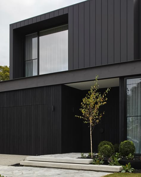 Black Cladding Exterior, Vertical Cladding House Exterior, Modern Black And White House, Black House Exterior Modern, Black Lake House, Black Exterior House, Colorbond Cladding, Scandinavian Home Exterior, Black Facade