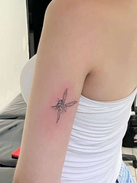 Simplistic Arm Tattoos, Arm Tattoos Dainty, Fairy Tatoos Aesthetic, Fairy Fineline Tattoo, Fineline Fairy Tattoo, Fairy Tattoo Arm, Cute Fairy Tattoo, Tiny Fairy Tattoo, Small Fairy Tattoo