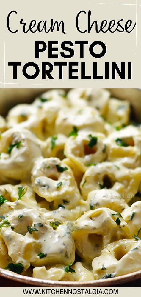 This Cream Cheese Pesto Pasta dish only requires three ingredients and will be on your table in just about five minutes! The creamy pesto sauce pairs perfectly with the pasta, and makes for a delicious and easy meal. This dish is perfect for a quick and easy weeknight meal. Cream Cheese Pesto Pasta, Cheese Pesto Pasta, Creamy Pesto Pasta Recipe, Recipes Using Pesto, Easy Tortellini Recipes, Cheese Alfredo Sauce, Pesto Pasta Dishes, Cheese Tortellini Recipes, Healthy Cream Cheese