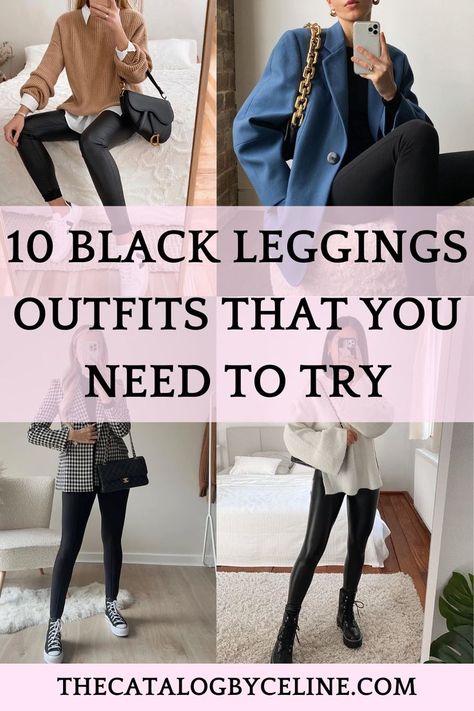 Do you want to know how to style black leggings outfits? Well look no further, these are the perfect spring outfits 2022. These black leggings style are easy and chic outfits for women that are trendy and stylish. Whether you like black leggings casual. Or simply want as stylish and chic black leggings ootd. Get inspired here! Black Dressy Leggings, Dressy Outfits With Leggings Winter, Fall 2023 Leggings Outfits, Trendy Outfits With Black Leggings, Cute Comfy Work Outfits Winter, Casual Black Leggings Outfit Winter, What To Wear With Shiny Black Leggings, Work Casual Leggings Outfit, Dressy Outfit With Leggings