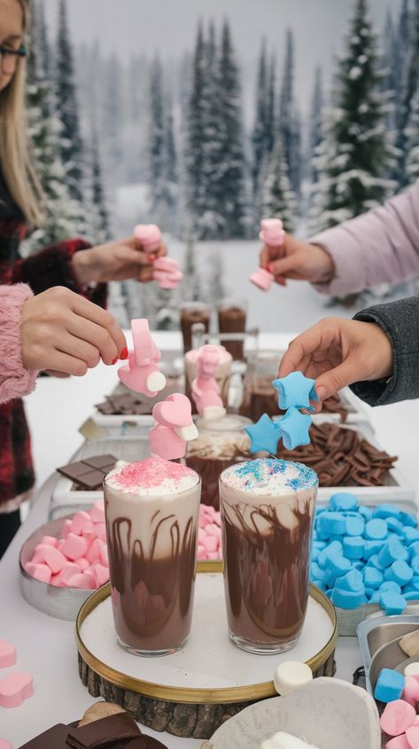 20 Winter Gender Reveal Ideas for Your Special Day Igloo Gender Reveal, Edible Gender Reveal Ideas, Smores Theme Gender Reveal, Simple Gender Reveal Picture Ideas, Hot Chocolate Bar Gender Reveal, Hot Chocolate Gender Reveal, Penguin Themed Gender Reveal, Gender Reveal Hot Chocolate Bar, Gender Reveal Party Theme Winter