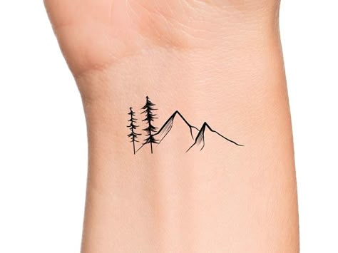 Tree With Mountain Tattoo, Mountain Simple Tattoo, Small Nature Tattoos Men, Mountain Pine Tree Tattoo, Tree Mountain Tattoo, Mountain Tree Tattoo, Amy Tattoo, Bro Tattoos, Small Nature Tattoo