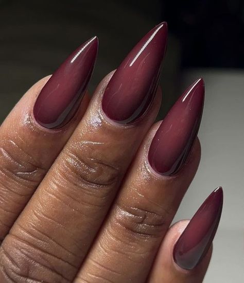 Dark Lilac Nails, Dark Red Square Nails, November Nails Almond, Cnd Nail Polish, Fall Nail Inspo, Dark Red Nails, Maroon Nails, Lilac Nails, Airbrush Nails