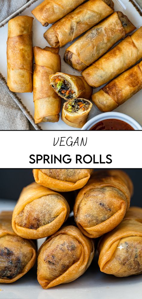 This Crispy Vegan Spring Rolls are filled with stir-fried vegetables and glass noodles. These are deep-fried to get the outside of the rolls crispy while the inside stays moist. Perfect to serve with sweet chili sauce. Chinese Spring Rolls, Vegan Spring Rolls, Chinese Dumpling, Vegan Appetizers Recipes, Vegan Chinese, Chicken Spring Rolls, Vegan Party Food, Healthy Appetizer, Vegan Party