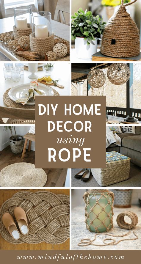 These DIY rope crafts make perfect additions to coastal and rustic home decor. Best part? You can find rope at the dollar store, making these projects super budget-friendly! Check out these awesome home decor ideas using rope, such as rugs, baskets, placemats, and more! #DIY #rope #crafts #homedecor #mindfulofthehome Jute Home Decor Diy Projects, Diy Jute Rope Projects, Crafts With Twine Diy Projects, Rope Twine Crafts, Crafts For Home Decor Diy, Rope Diy Ideas Home Decor, Diy Rope Projects, Decorative Rope Ideas, Hand Made Room Decoration Things