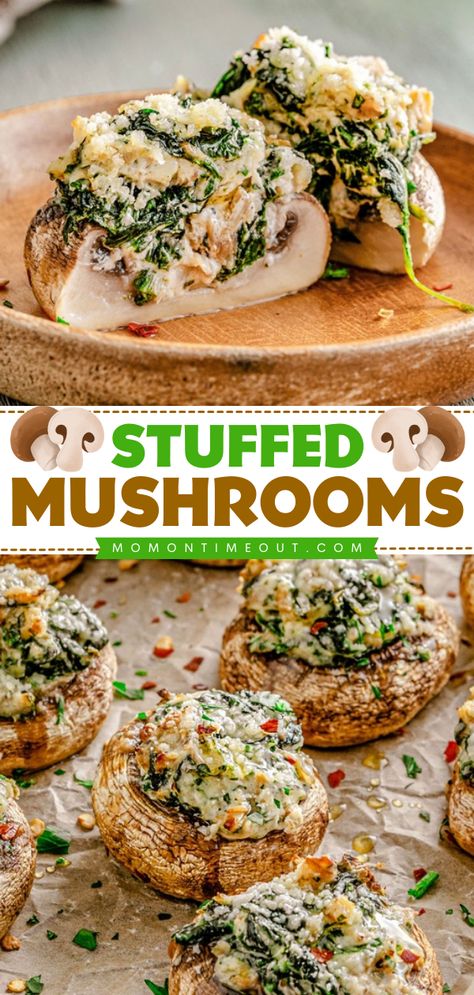 Whip up this mushroom recipe for your tailgating party! It's a game day appetizer everyone will love. Baked with cream cheese, spinach, and more, these easy stuffed mushrooms are the BEST. Such a mouthwatering football food idea! Lazy Stuffed Mushrooms, Mushroom Spinach Appetizers, Cream Cheese Spinach Stuffed Mushrooms, Giant Stuffed Mushrooms, Stuffed Mushroom Recipes Easy, Filled Mushrooms Recipe, Spinach Stuffed Portabella Mushroom Recipes, Appetizers Stuffed Mushrooms, Creamy Stuffed Mushrooms