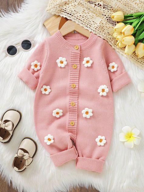 Pink Casual Collar Three Quarter Length Sleeve Knitwear Floral Jumpsuit Embellished Medium Stretch  Baby Girls Clothing Cute Newborn Clothes, Baby Outfits Girl, Cute Baby Clothes Newborn, Cute Newborn Outfits, New Born Clothes, Etsy Baby Clothes, Newborn Baby Girl Outfits