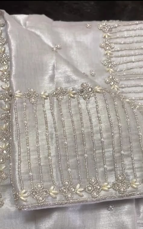 White Blouse With Silver Work, Aari Work On White Blouse, Aari Work For Silver Zari Sarees, White Stone Work Blouse Designs, White Stone Aari Work Blouse, Grey Blouse Aari Work, Simple Silver Maggam Work Blouses, Aari Silver Work Blouse, White Blouse Designs For Saree Hand Work