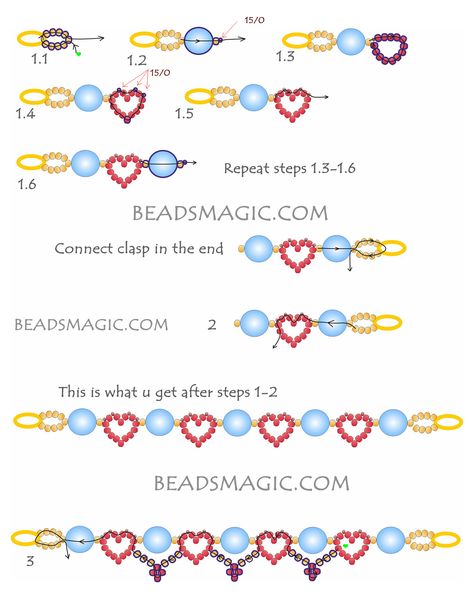 Seed Beads Patterns Free, Heart Beaded Bracelets Pattern, Seed Bead Chain Patterns, Beaded Bracelets Tutorial Heart, Heart Bracelet Pattern Beads, Seed Bead Patterns Heart, Bracelet Bead Tutorial, How To Make A Heart Bead Bracelet, Heart Beading Pattern