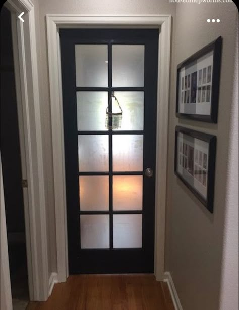 Black Glass Panel Door, Glass Bedroom Door Privacy, Black Interior Doors With Glass Panels, Interior Door With Frosted Glass Panel, Frosted Glass Bedroom Door, Frosted Glass French Doors Interior, Pantry Door Frosted Window, Frosted French Doors Interior, Door Contact Paper