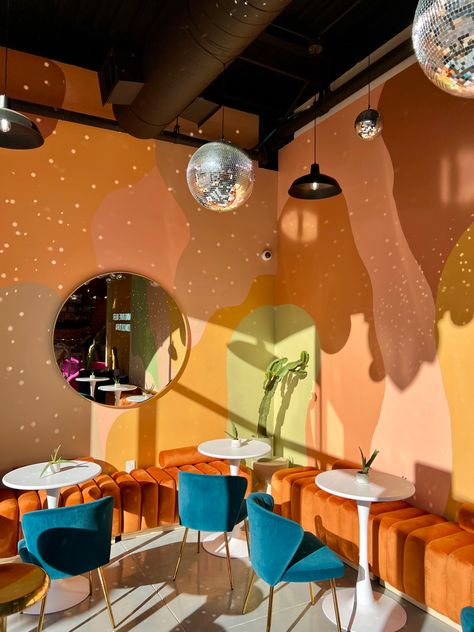 Funky Cafe Interior Design, Groovy Cafe Aesthetic, Dispensary Design Interiors, Colourful Cafe Interior Design, Inspiring Interior Design, Funky Cafe Design, Salon Interior Design Colorful, Funky Bakery Interior, Colorful Commercial Interior Design