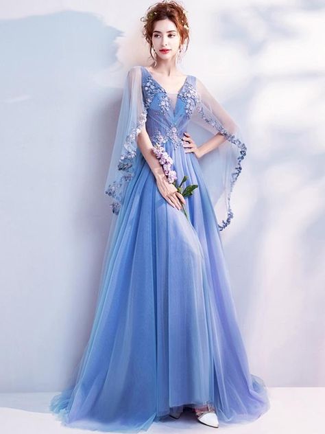 Beadings Embroidery Deep V Neck Fairy Style Blue Elegant Tulle Wedding - dressesstar Long Sleeve Cocktail Dresses, Style Bleu, Floral Prom Dresses, Fairy Style, Fantasy Outfits, Fantasy Dresses, Blue Tulle, Fairy Fashion, Tulle Prom Dress