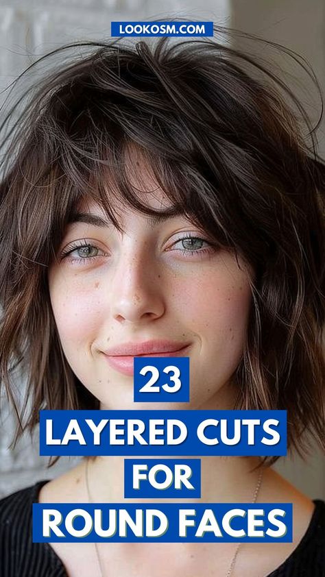 Layered Beauty: 23 Best Haircuts for Round Faces Layer Haircut For Round Faces, Shags For Round Faces, Shag Hairstyles For Round Faces, Pixie Bob For Round Face, Layered Haircuts For Round Faces, Hair Cuts For Round Faces Wavy Hair, Round Face Bob With Bangs, Shag Hairstyles Round Face, Haircuts With Bangs For Round Faces