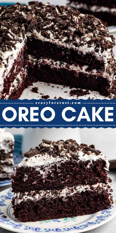 Satisfy your sweet tooth with this Oreo Cake Recipe! Layers of dark chocolate cake are filled with marshmallow buttercream and packed with tons of Oreos, making it the ultimate cookies n' cream dessert for the best dessert recipes and cake ideas! Moist Oreo Cake, Dairy Free Oreo Cake, Oreo Cake With Box Cake, Desserts Made With Oreos, Oreo Birthday Cake Ideas, Oreo Crunch Cake, Oreo Cake Ideas, Oreo Cookie Cake Recipe, Easy Oreo Cake Recipe