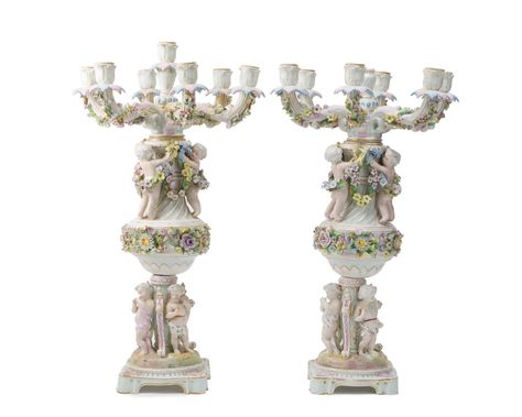 Lot - A pair of Meissen-style candelabra Antique Candelabras, Silver Candelabra, Glass Candelabra, Multiple Candles, Porcelain Candle Holder, Wall Candle, Candle Cups, Coffee Sets, Meissen Porcelain