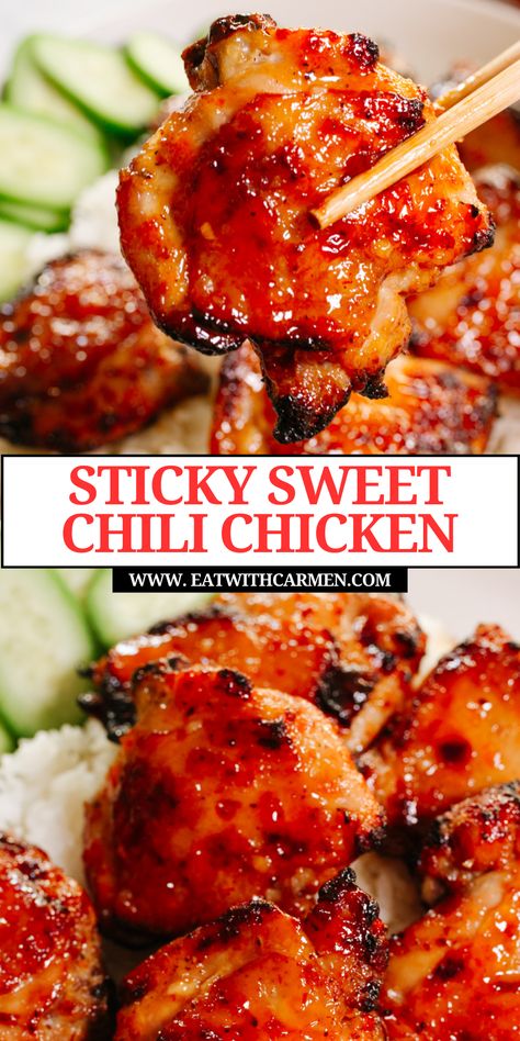 Enjoy the perfect blend of sweet and spicy with our Sticky Sweet Chili Chicken Thighs in Air Fryer recipe! Elevate your dinner game with these succulent chicken thighs, coated in a sticky and flavorful glaze. Indulge in the irresistible combination of sweet and spicy chicken, perfect for lovers of Asian-inspired cuisine. Whether you're a fan of spicy baked chicken or crave the bold flavors of spicy Korean chicken, this dish is sure to satisfy. Sweet Chili Chicken Thighs, Spicy Korean Chicken, Spicy Baked Chicken, Sweet Chili Chicken, Sweet And Spicy Chicken, Korean Chicken, Chili Chicken, Spicy Korean, Air Fryer Dinner Recipes