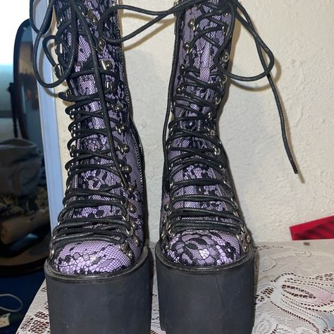 Purple traitor boots Long Combat Boots, Spiky Boots, Trinity Boots, Monster High Aesthetic, Dolls Kill Shoes, High Aesthetic, Dolls Kill, Monster High, Combat Boots