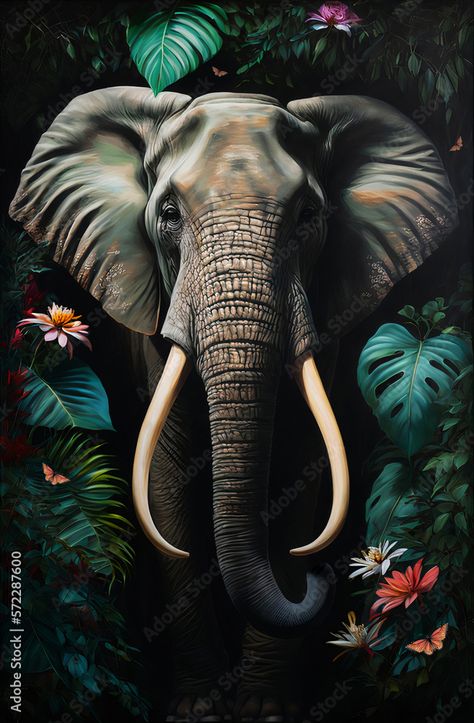 Portrait of an elephant among roses and palm leaves By haitham African Animal Art, Elephant Jungle, Colorful Jungle, Elephant Photography, Elephant Artwork, Elephant Wallpaper, Elephants Photos, Tropical Background, Jungle Art