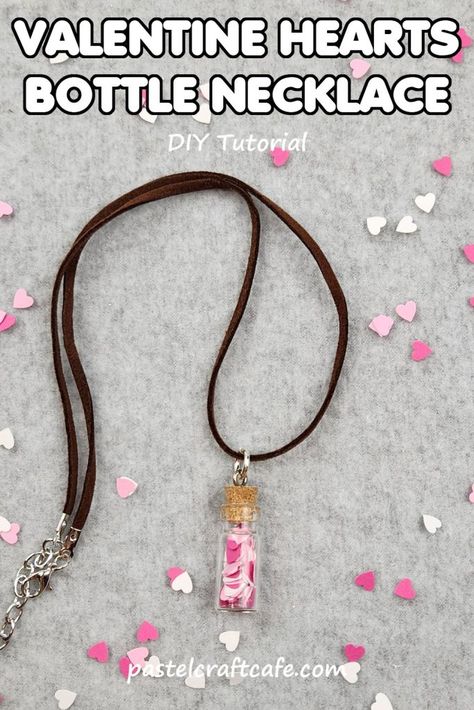 Diy Valentines Necklace, Valentines Diy Jewelry, Valentine Jewelry Diy, Diy Valentine Jewelry Ideas, Charm Crafts, Bottle Necklace Diy, Valentines Day Necklace, February Hearts, Valentine Necklace